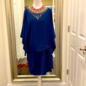 NWT Amanda Uprichard midnight blue Hip tied Dress Large Butterfly sleeves